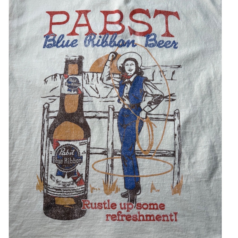 Pabst Blue Ribbon Graphic T-Shirt Mens Large Cream Cotton Cowgirl Western Beer - Picture 3 of 6